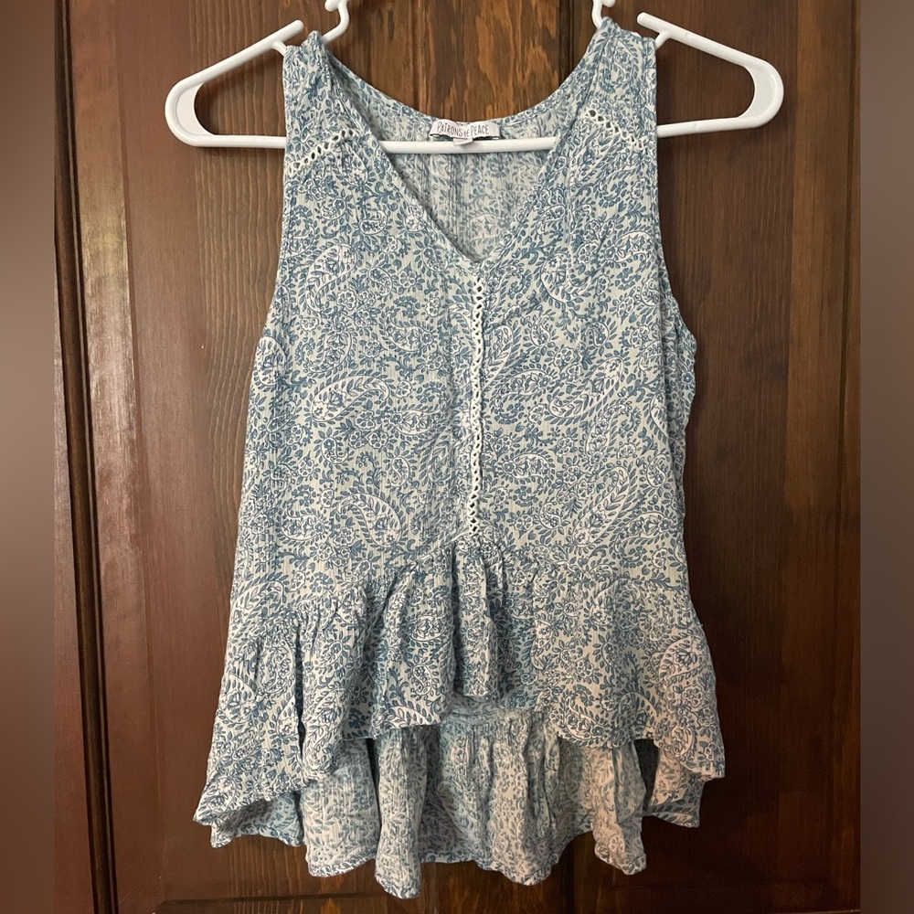 Patrons of Peace Top Womens Small  Boho Sleeveless Tank Hi-Low Blue Floral